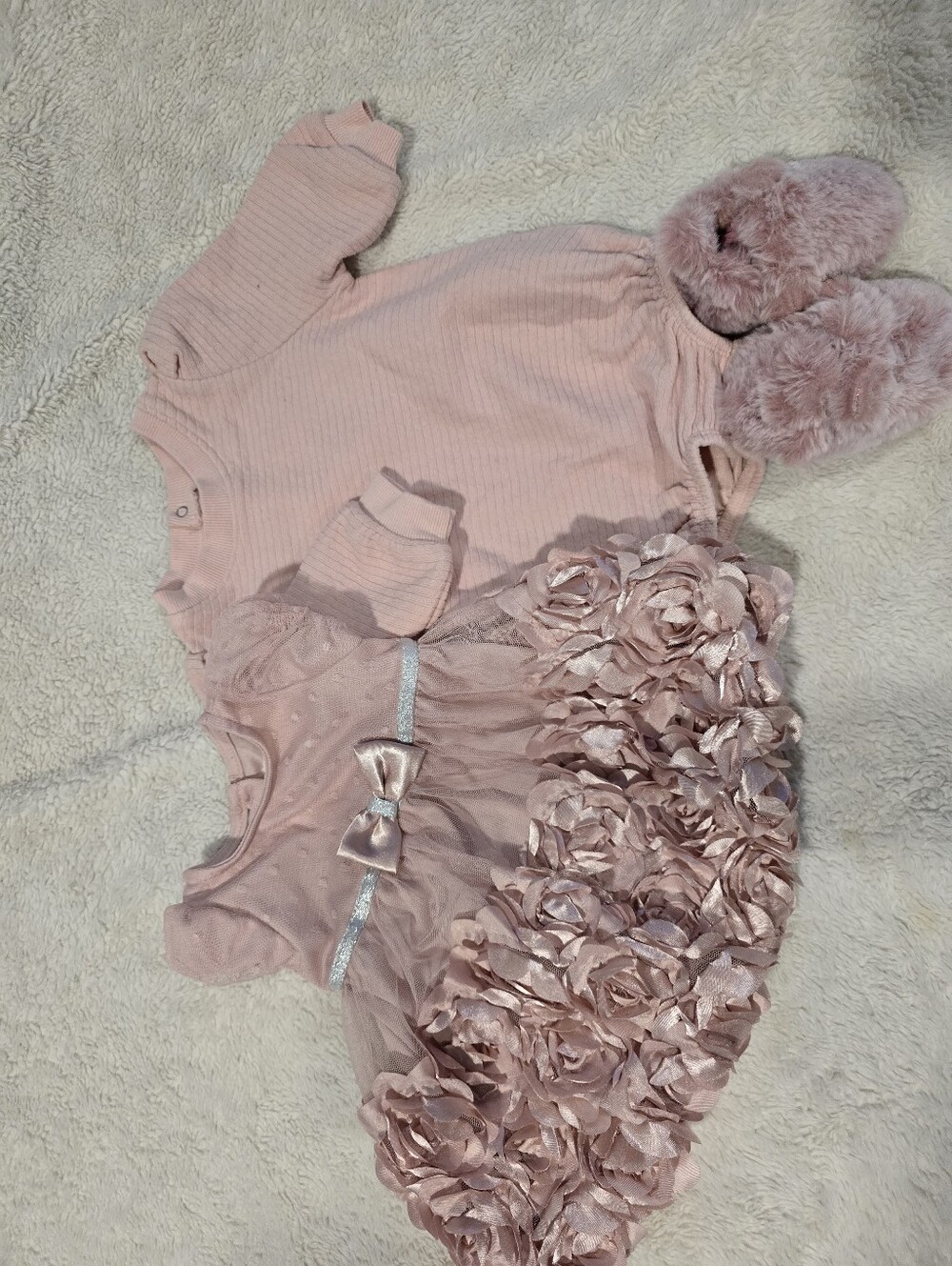 Baby Pink Floral Rosette Dress & Matching Romper Set